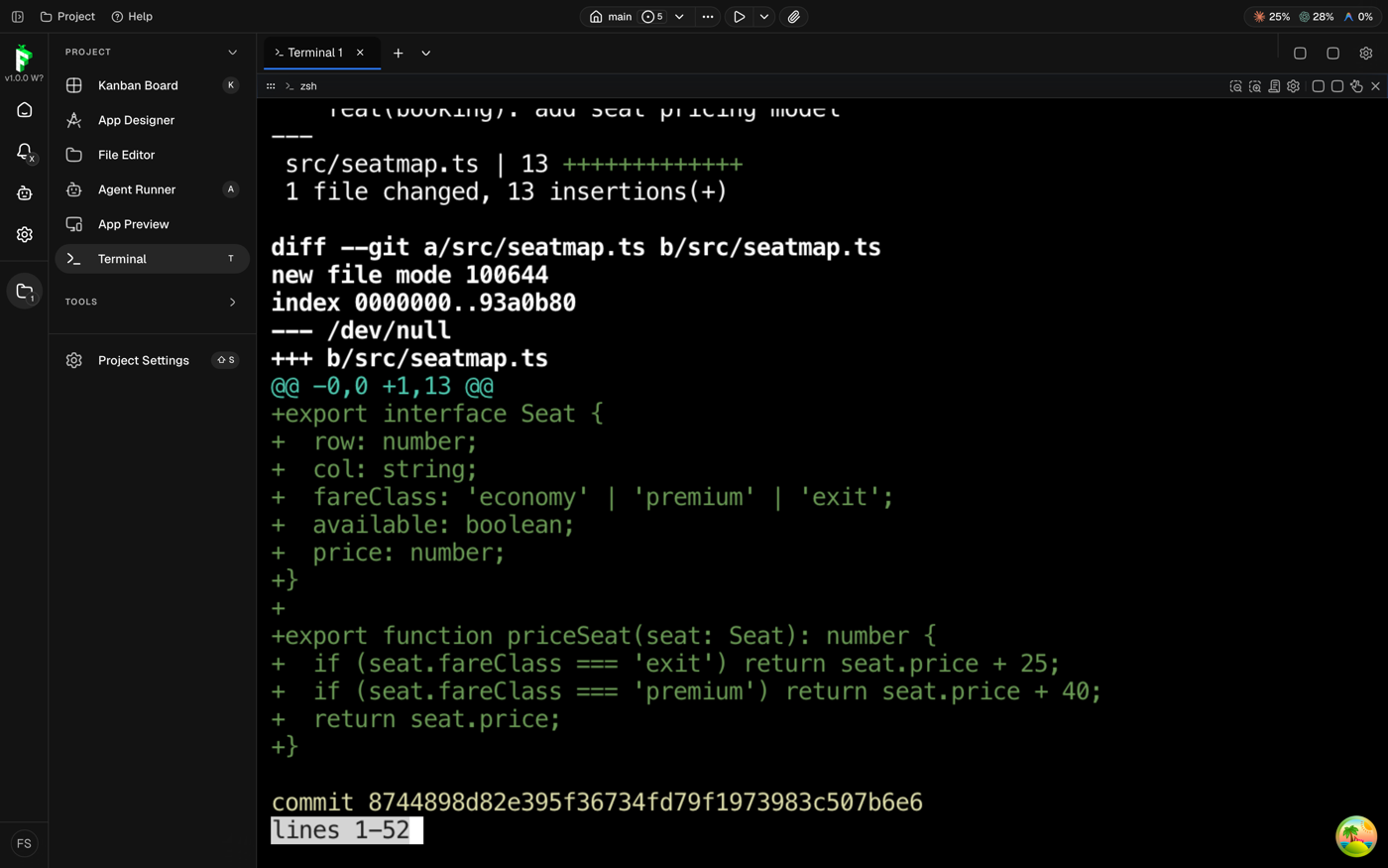 Findie's terminal view showing a real shell session inside the app